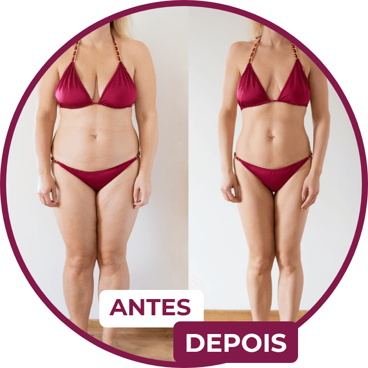 Mulher de bikini mostrando uma comparação de antes e depois do uso do Moro Shake